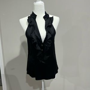 Black silk Sunner Top with deep V ruffle front